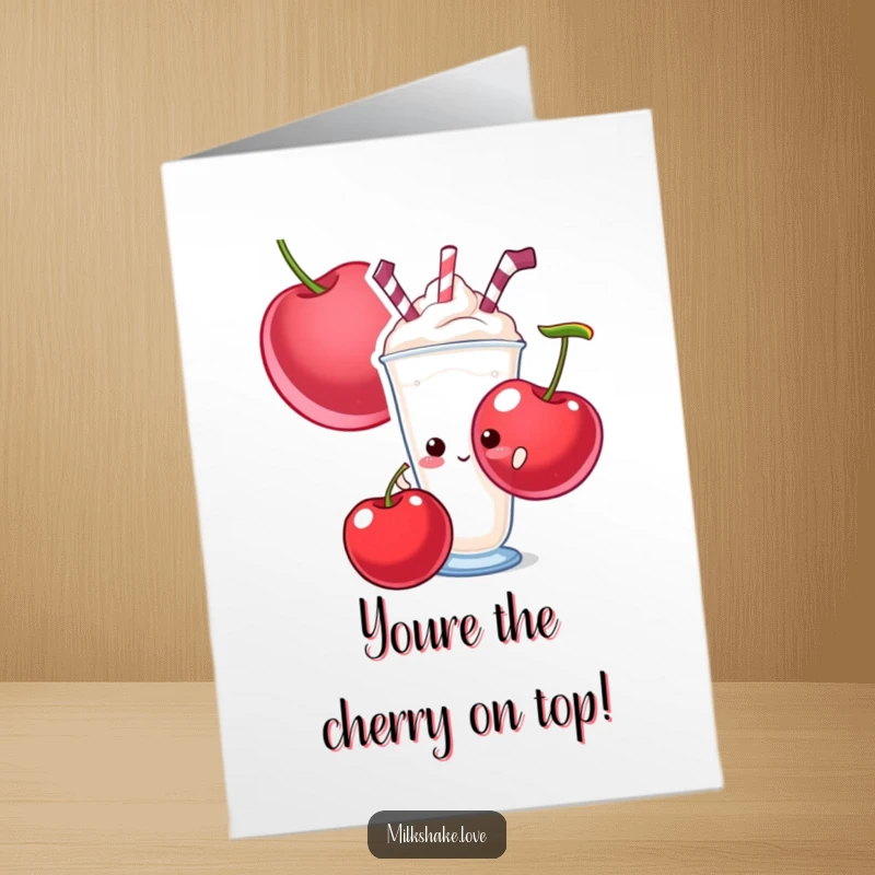 Funny Free Printable Congrats Card: Shy milkshake peeking from behind a cherry celebrates success with a sweet, bashful grin.