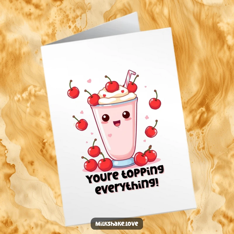 Funny Free Printable Kawaii Milkshake Congratulations Card: character juggling cherries with glee, celebrating success.
