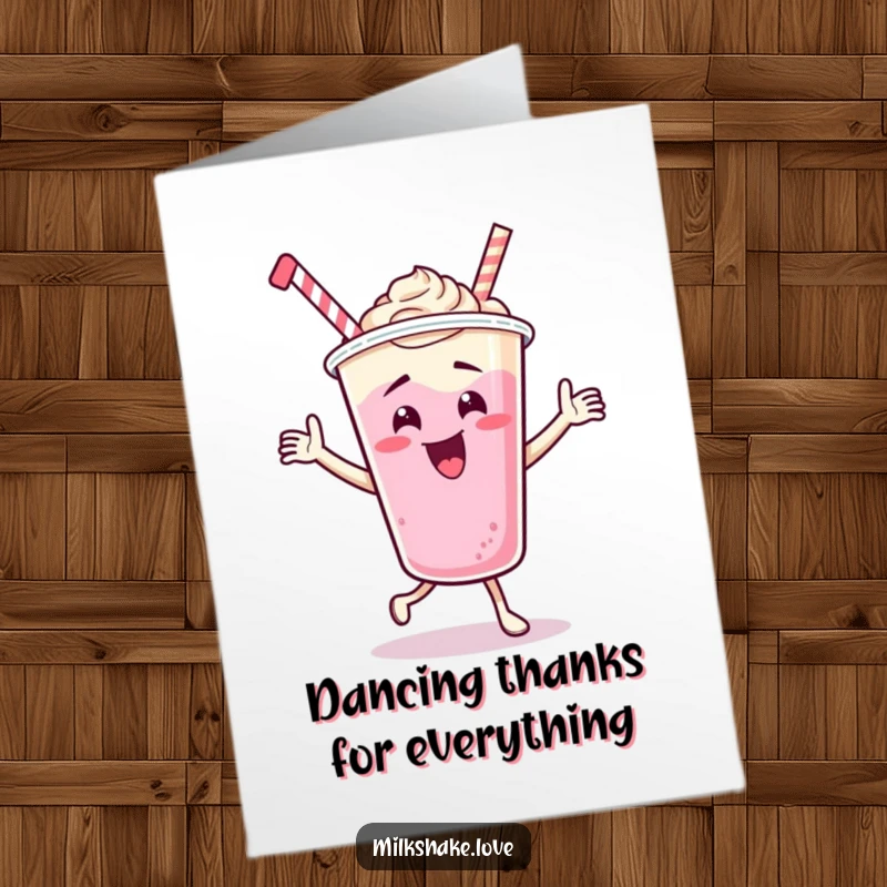 Funny Free Printable Thank You Card: A milkshake cup character energetically dancing with pure joy.