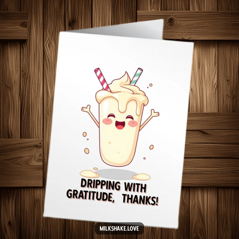 Funny Free Printable Thank You Card: A joyful milkshake in a happy spin, dripping slightly, conveying sincere thanks with a smile.