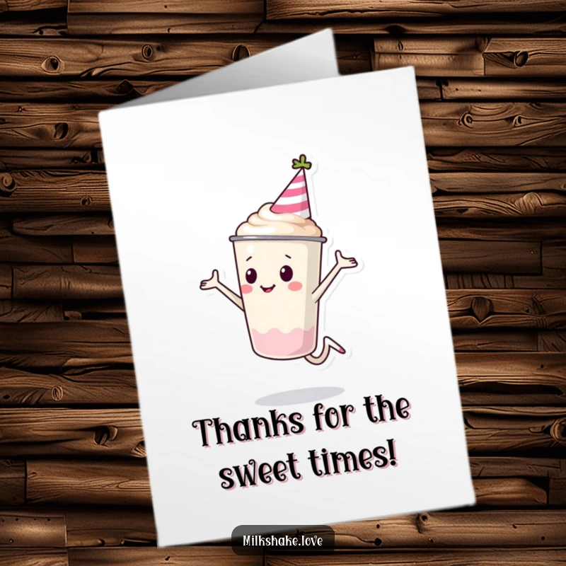 Funny Free Printable Thank You Card: A milkshake cup in a party hat mid-cartwheel, sending thanks.