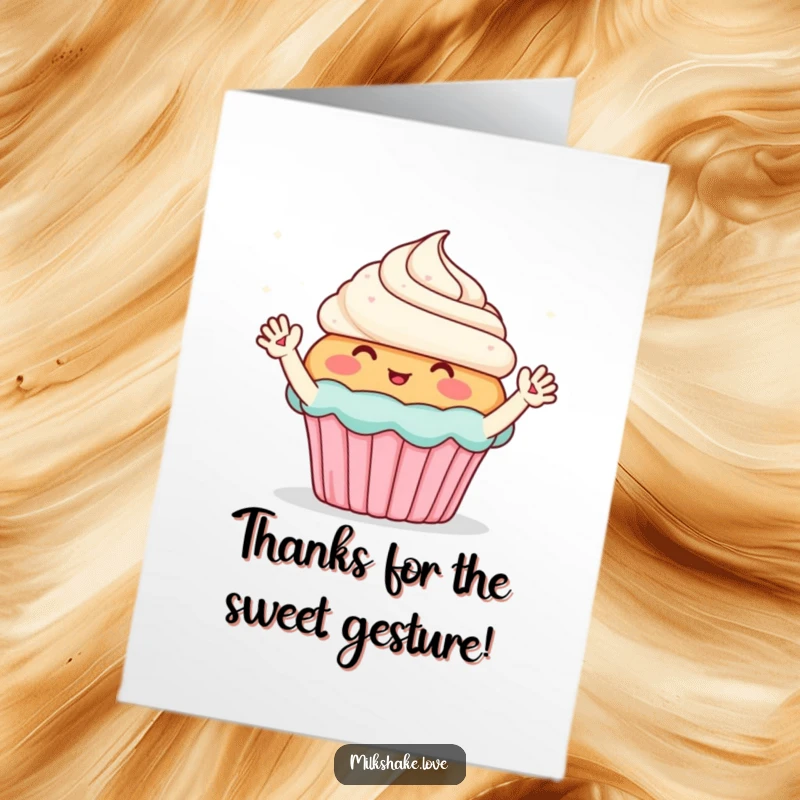 Funny Free Printable Thank You Card: Blushing cupcake with tiny arms waving enthusiastically at sparkles, expressing thanks.