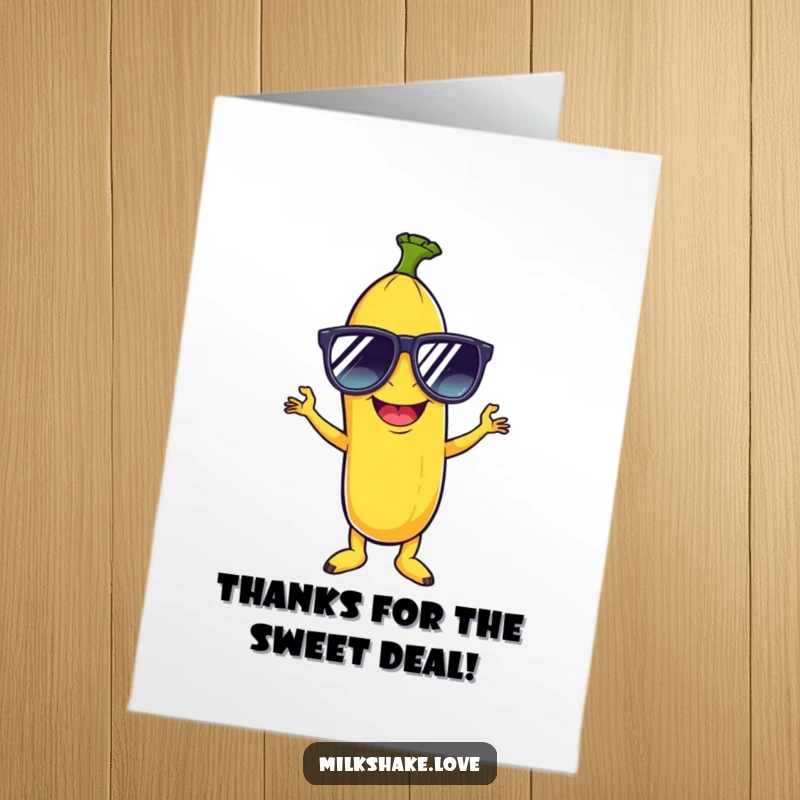 Funny Free Printable Thank You Card: Giggling banana in sunglasses doing the disco, expressing thanks.