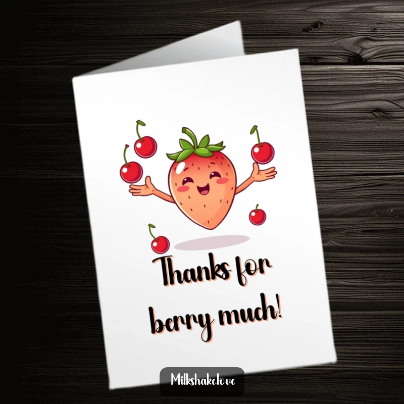 Funny Free Printable Thank You Card: Smiling strawberry juggling cherries, extending thanks with a joyful gesture.