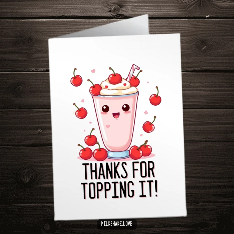 Funny Free Printable Kawaii Milkshake Thank You Card: character juggling cherries, perfect for expressing thanks joyfully.