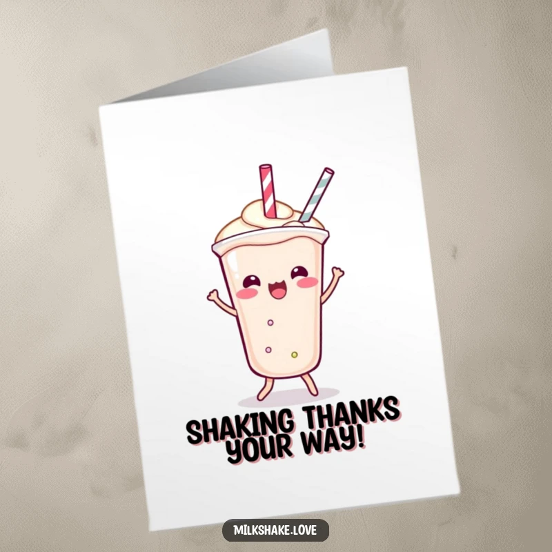Funny Free Printable Kawaii Milkshake Thank You Card: character shimmying, straw dancing for a fun thank you.