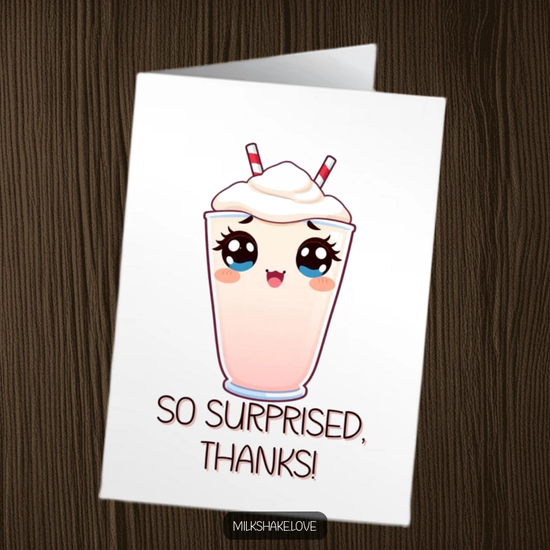 Funny Free Printable Kawaii Milkshake Thank You Card: character peeking with surprise, ideal for unexpected gratitude.