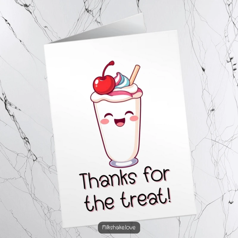 Funny Free Printable Thank You Card: A laughing kawaii milkshake with a cherry spills a colorful swirl, expressing sweet thanks.