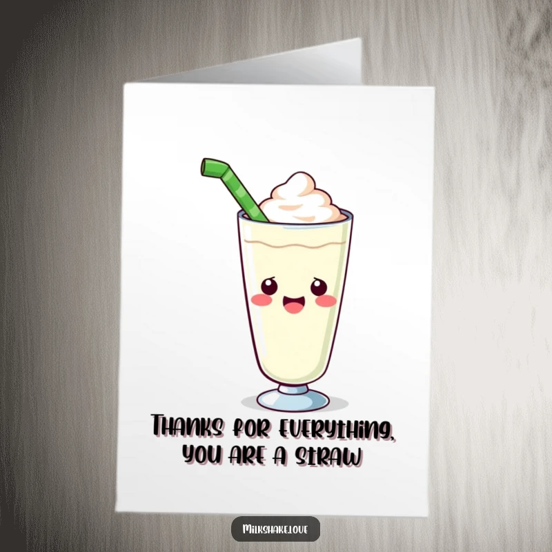Funny Free Printable Thank You Card: A kawaii milkshake glass enthusiastically presents a huge straw.