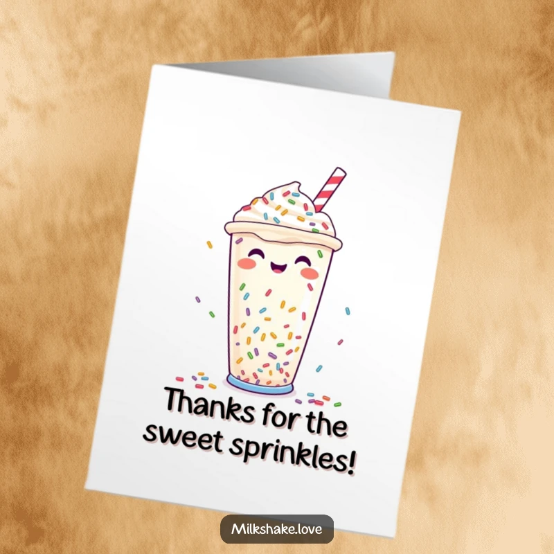 Funny Free Printable Thank You Card featuring a joyful milkshake cup showered with colorful sprinkles.