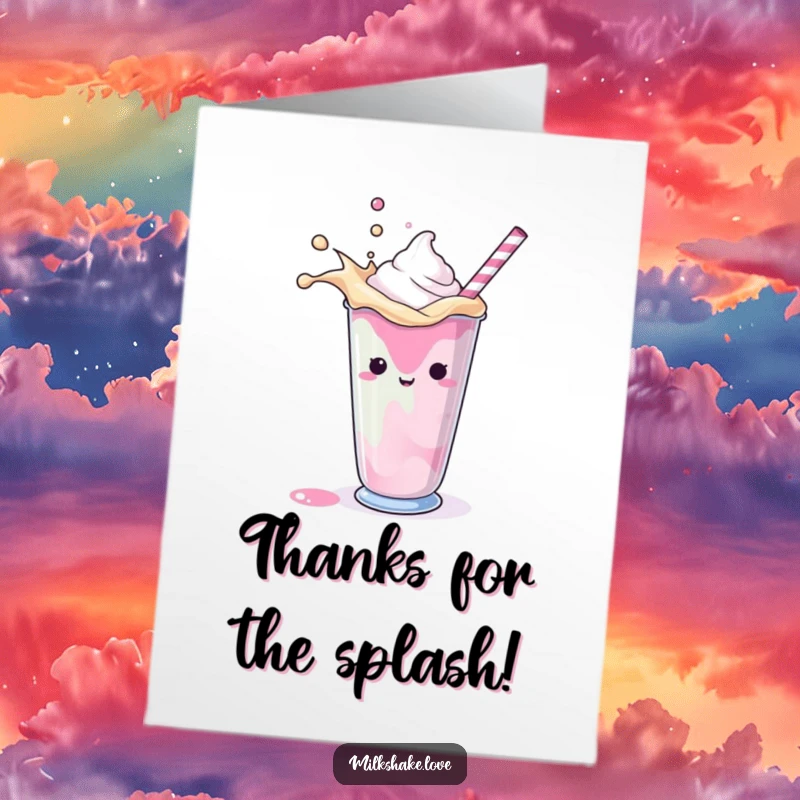 Funny Free Printable thank you card illustrating a colorful milkshake making a playful splash in its container.