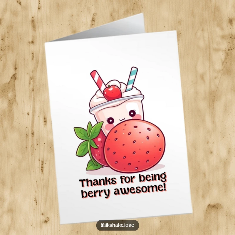 Funny Free Printable Thank You Card: Kawaii milkshake character peeking from behind a giant strawberry, looking sweetly thankful.