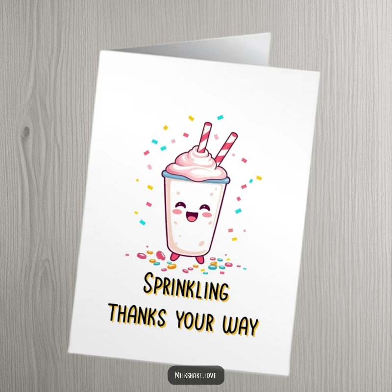 Funny Free Printable Thank You Card: A happy milkshake cup character spilling a celebratory shower of confetti.
