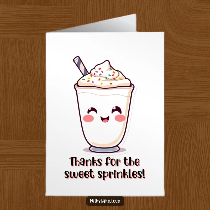 Funny Free Printable Thank You Card: A kawaii milkshake character making a funny face, sprinkles jiggling with its silly expression.