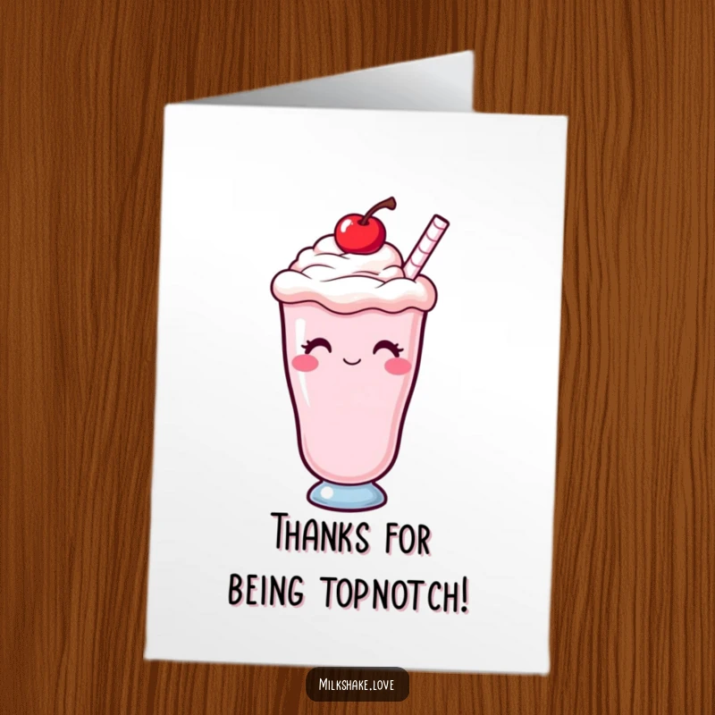 Funny Free Printable Thank You Card: Kawaii milkshake with a cherry on top, winking to express thanks.