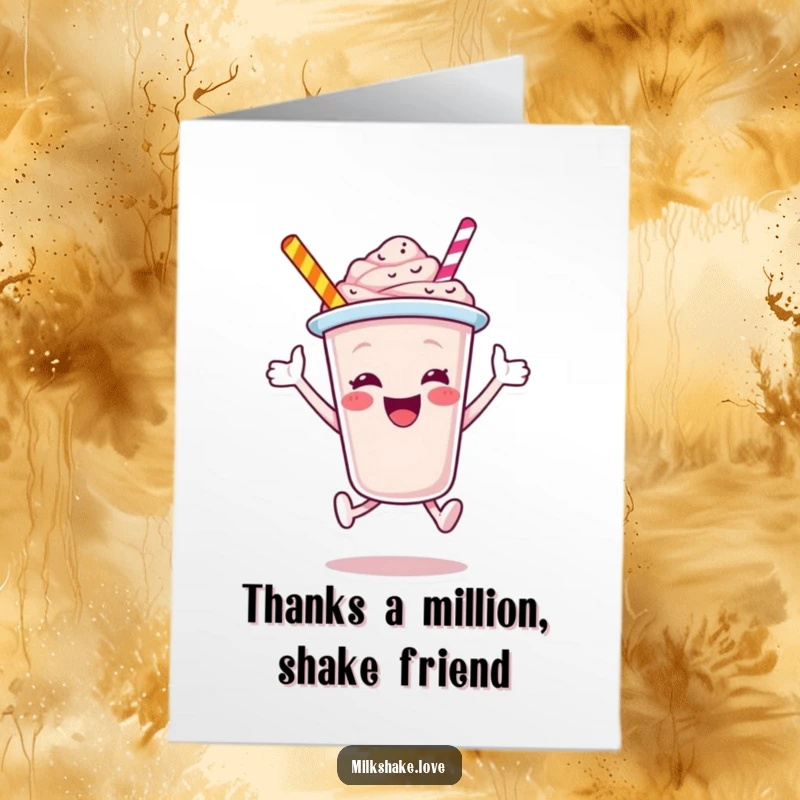 Funny Free Printable Thank You Card: A jubilant milkshake cup character leaping, spreading cheer and thanks.