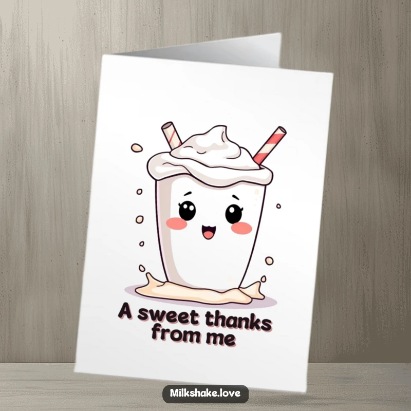 Funny Free Printable Thank You Card with a kawaii milkshake character playfully splashing its contents, offering thanks with a smile.