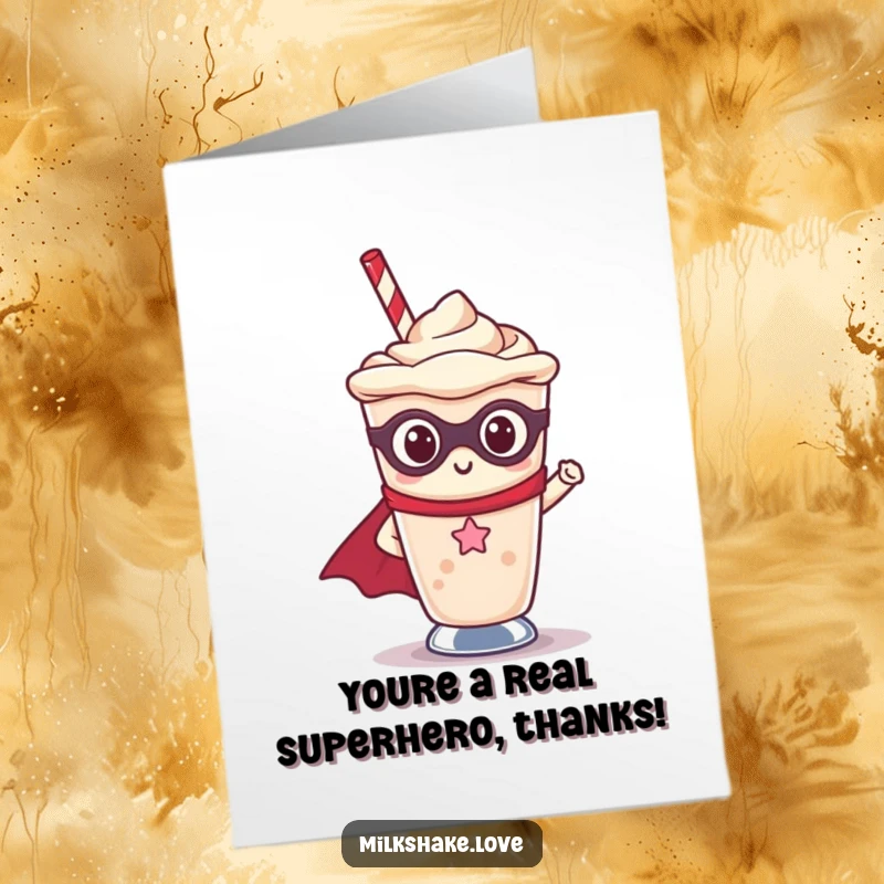 Funny Free Printable Thank You Card: Kawaii milkshake in a cape, a superhero ready to thank you for your kindness.