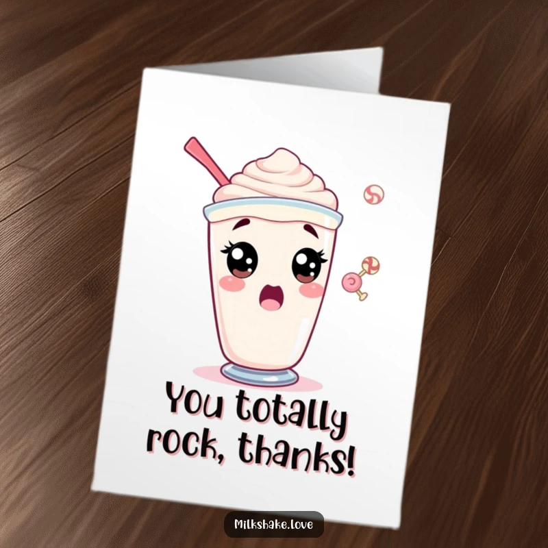 Funny Free Printable Thank You Card: Wide-eyed surprised milkshake watches a tiny candy, a perfect downloadable thank you.