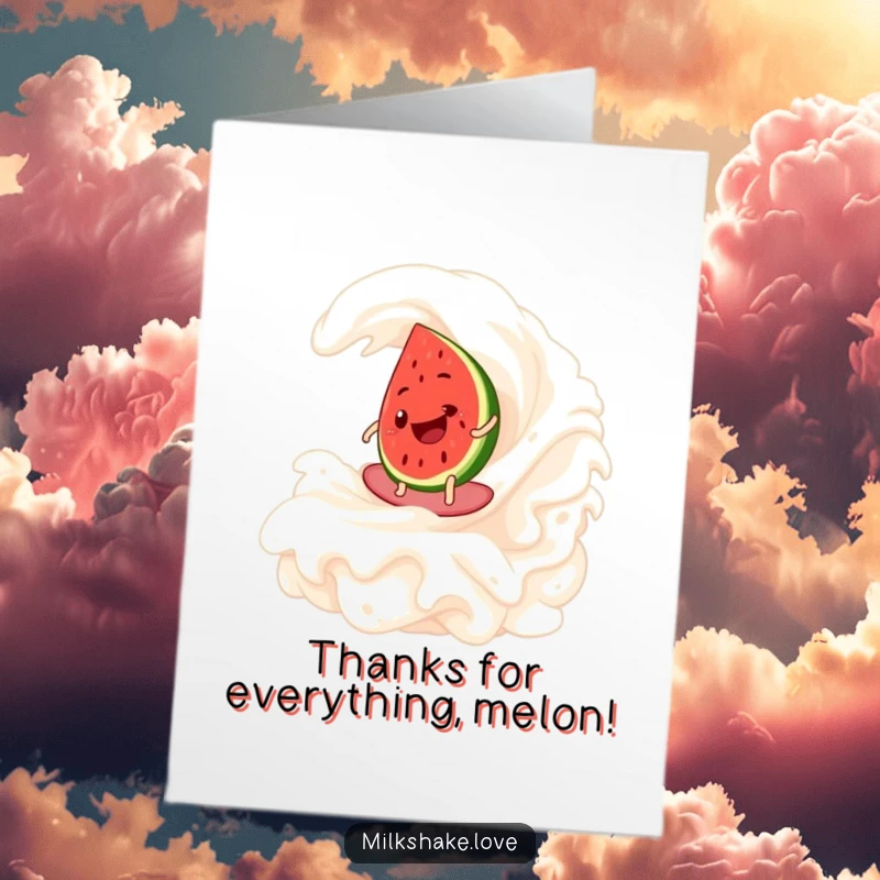 Funny Free Printable Thank You Card: A happy watermelon slice expertly surfing a huge whipped cream wave with a thankful smile.