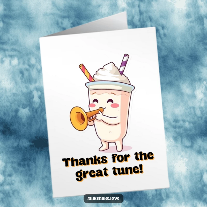 Funny Free Printable Thank You Card featuring a milkshake cup playing a tiny trumpet to express thanks.