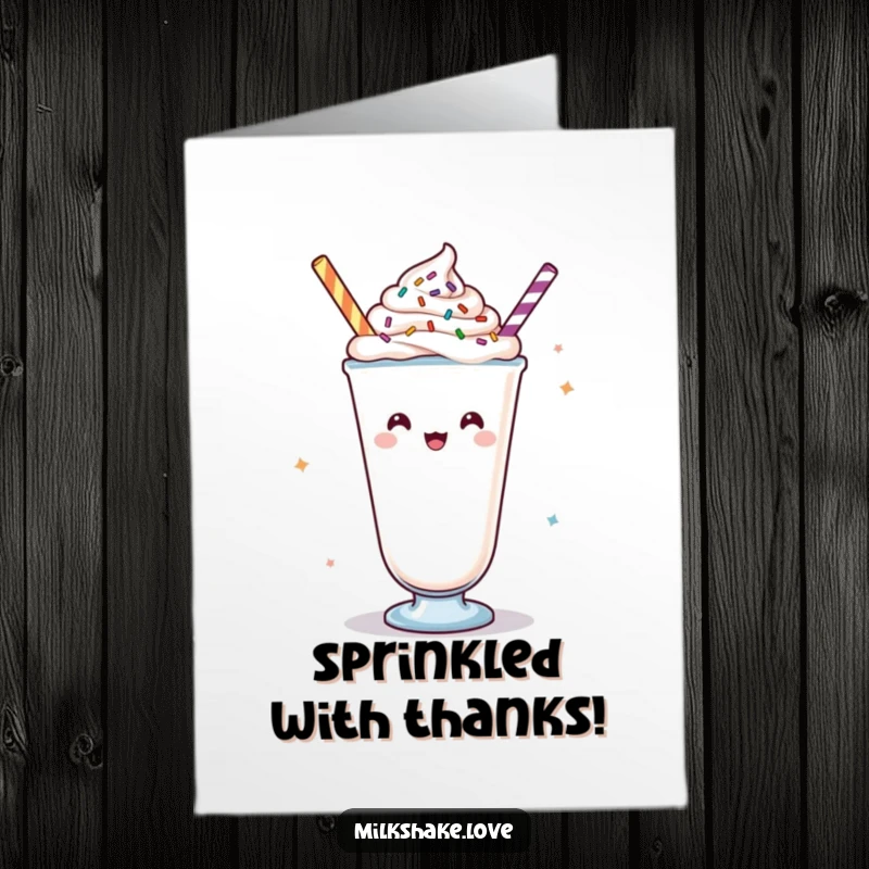 Funny Free Printable Thank You Card with a Kawaii milkshake, whipped cream, and sprinkles cheering heartily to express gratitude.