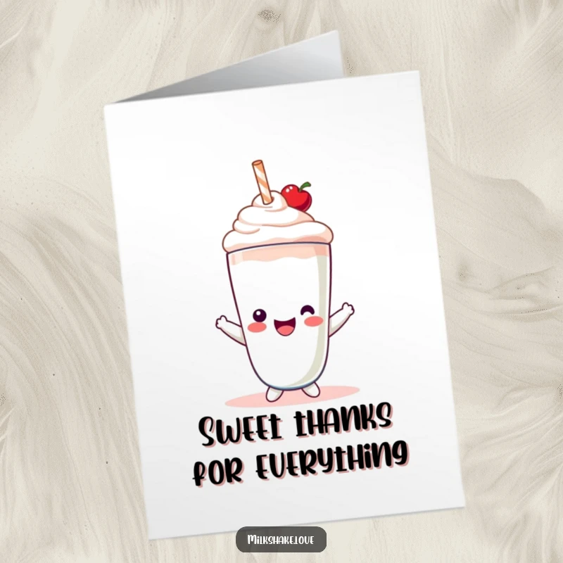 Funny Free Printable Thank You Card: A kawaii milkshake character smiles sweetly, wearing a small cherry hat.
