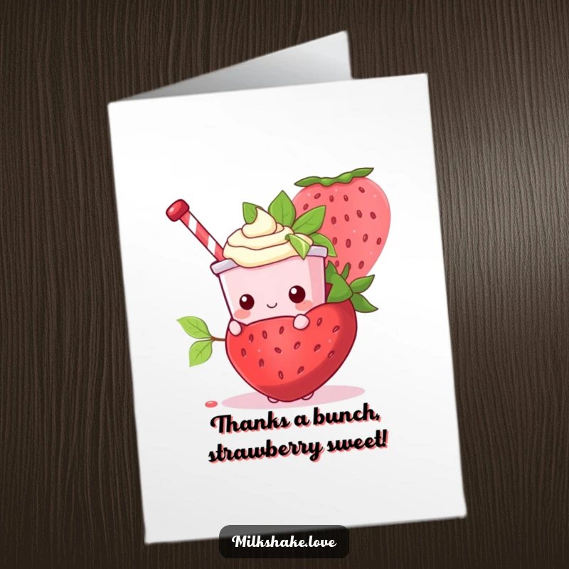 Funny Free Printable Thank You Card: Kawaii milkshake hiding behind a giant strawberry, expressing thanks shyly.