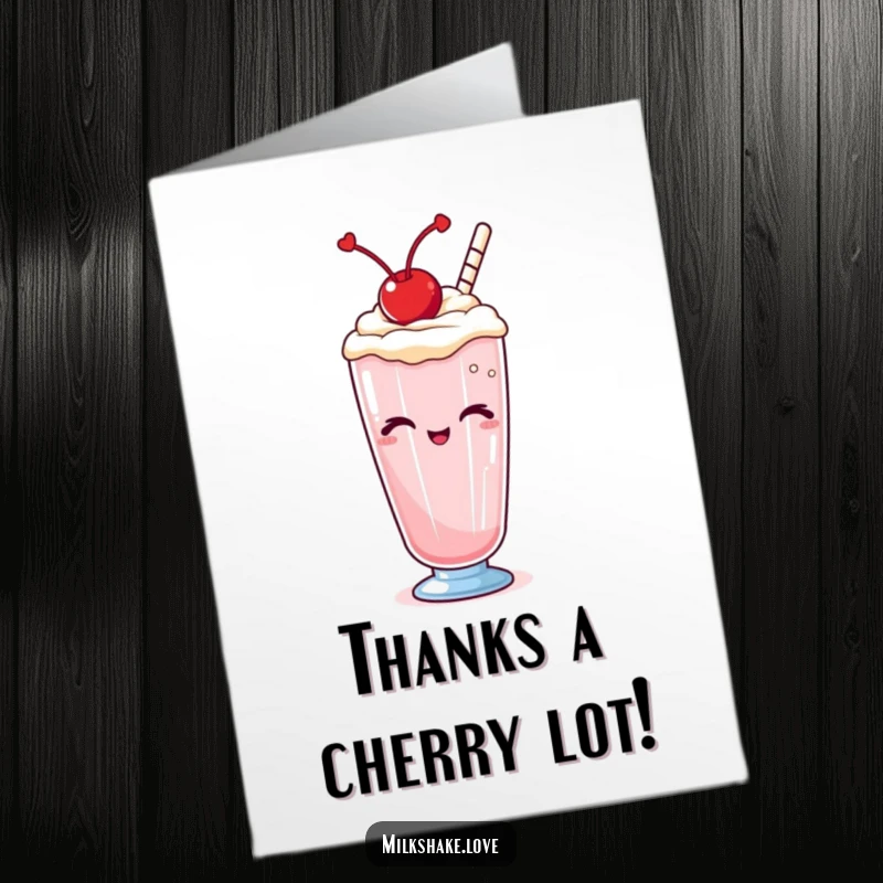 Funny Free Printable Thank You Card featuring a Kawaii milkshake with a cherry, giving a sly wink to express thanks.