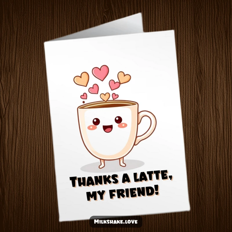 Funny Free Printable Thank You Card: A coffee cup character with adorable tiny feet pouring a delightful stream of hearts.