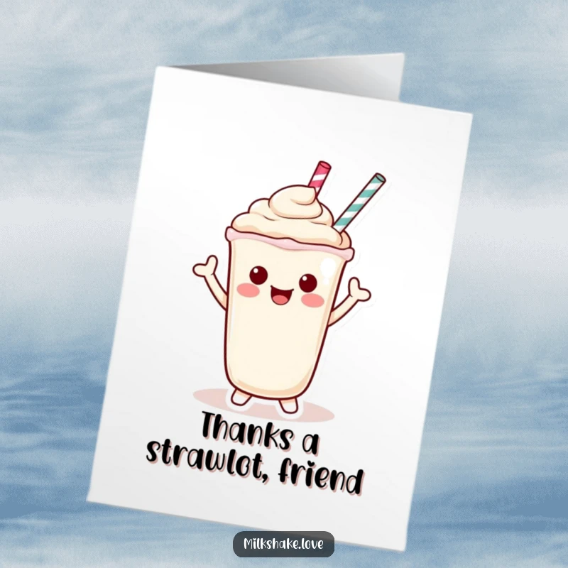 Funny Free Printable Thank You Card: A Kawaii milkshake character waves a friendly hello with its straw.