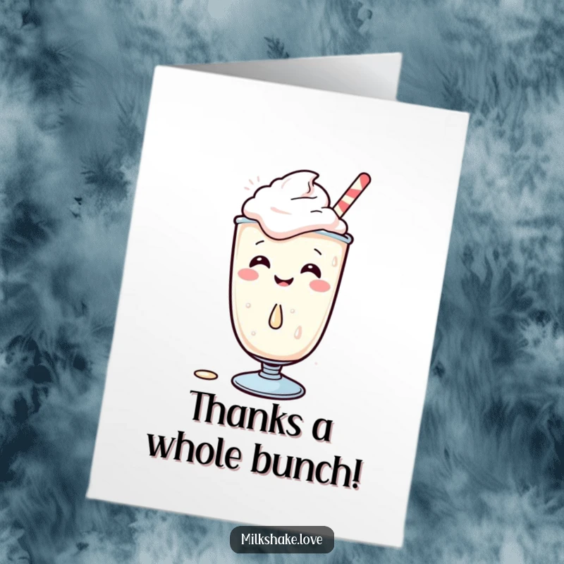 Funny Free Printable thank you card: a sweet Kawaii milkshake character with a cheeky giggle, spilling a tiny drop of its drink.