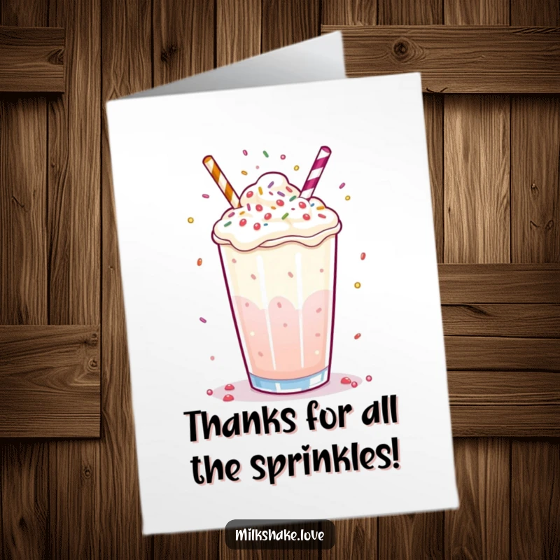 Funny Free Printable Thank You Card: A bubbly milkshake with impressive skill juggling tiny sprinkles, expressing thanks.
