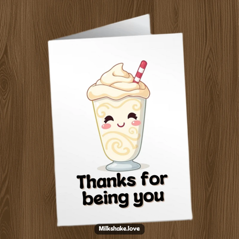 Funny free printable thank you card featuring a giggling milkshake character with dynamic swirls and a cheerful, bubbly demeanor.