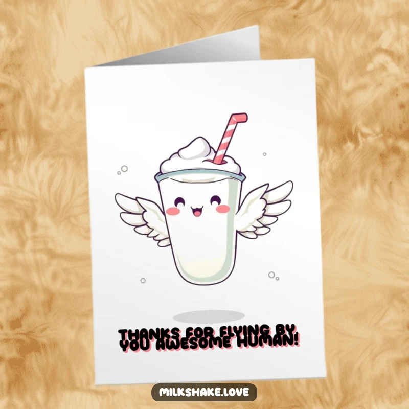 Funny Free Printable Thank You Card: A milkshake with tiny wings comically attempts flight, expressing gratitude.