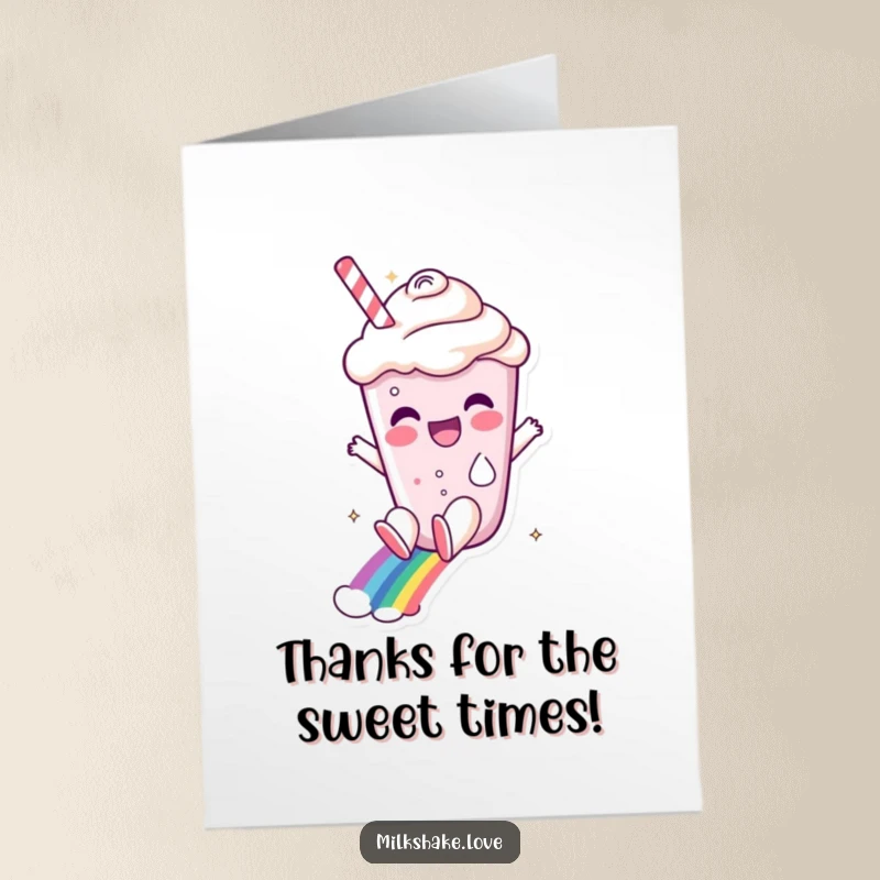 Funny free printable thank you card with a happy milkshake character sliding down a rainbow.