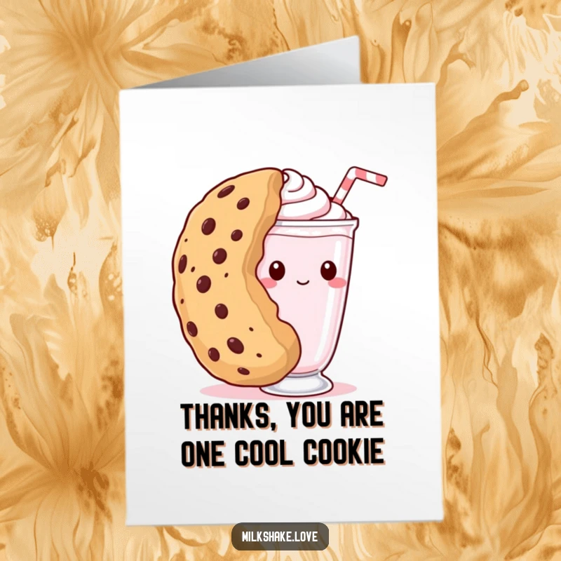 Funny Free Printable Thank You Card: A shy kawaii milkshake peeks from behind a very large cookie.