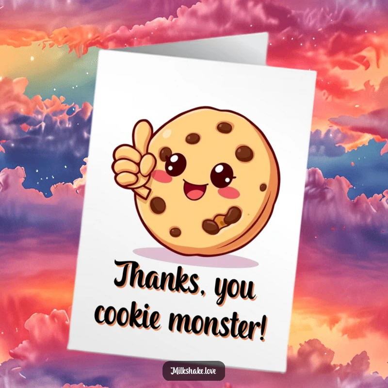 Funny Free Printable Thank You Card: A cheerful cookie with a bite missing giving a friendly thumbs up as a thank you.