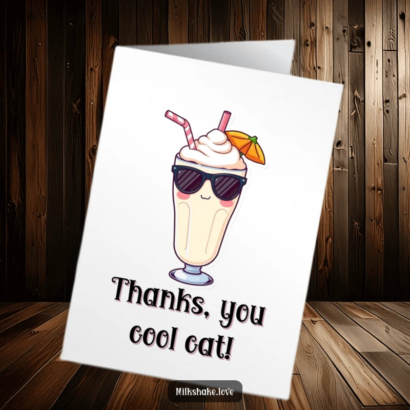 Funny Free Printable Thank You Card with a Kawaii milkshake wearing sunglasses and a straw, looking incredibly cool.