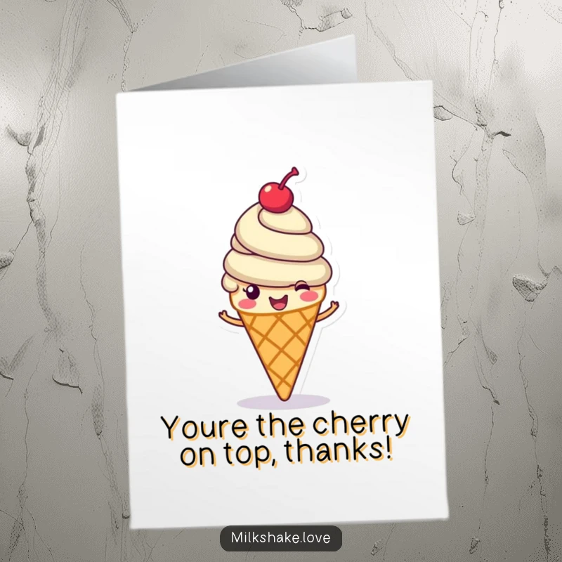 Funny Free Printable Ice Cream Thank You Card: Cheerful ice cream cone with a cherry on top spinning happily, conveying sweet thanks.