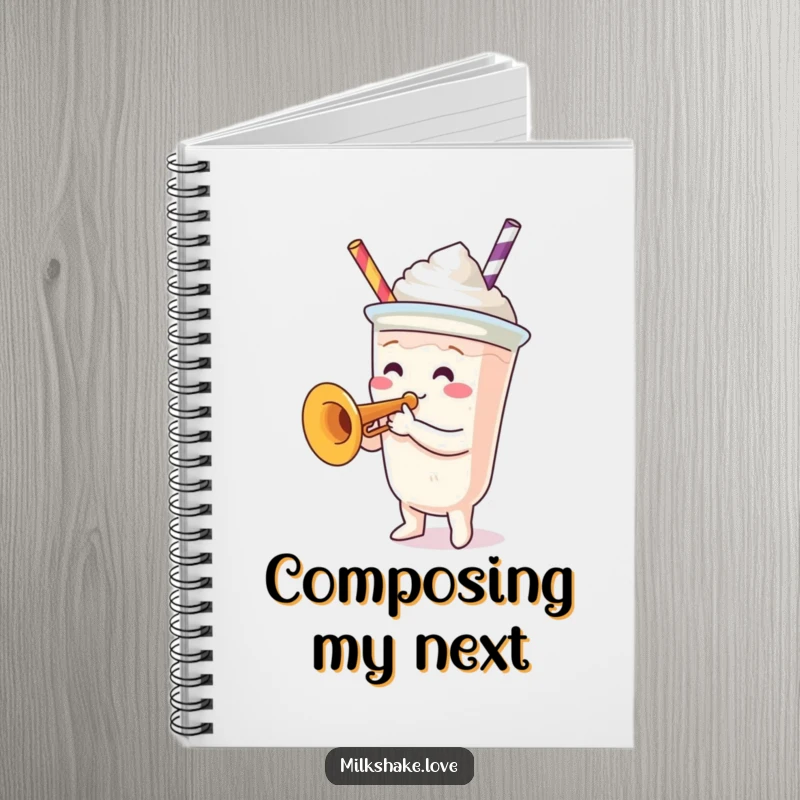 Funny Notebook: Features a milkshake cup character playing a tiny trumpet, ideal for jotting down musical ideas and thoughts.
