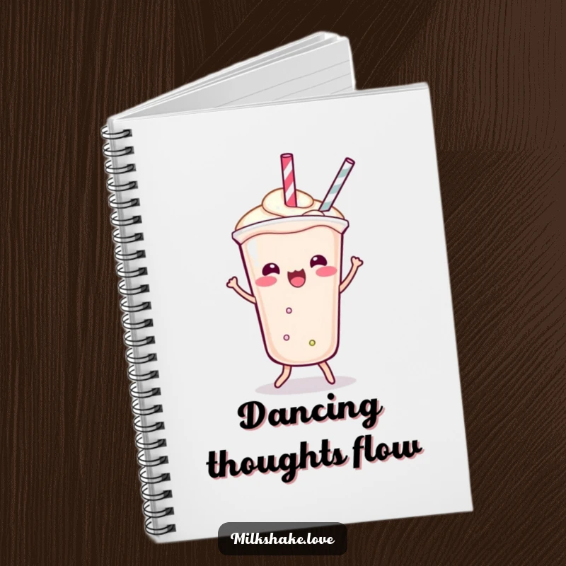 Funny Notebook with a cover featuring a Kawaii milkshake doing a playful shimmy, its straw dancing for a fun, energetic touch.