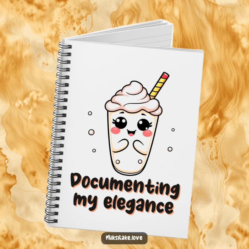 Funny milkshake notebook with a bubbly drink in an exaggerated, comical bow, perfect for journaling.
