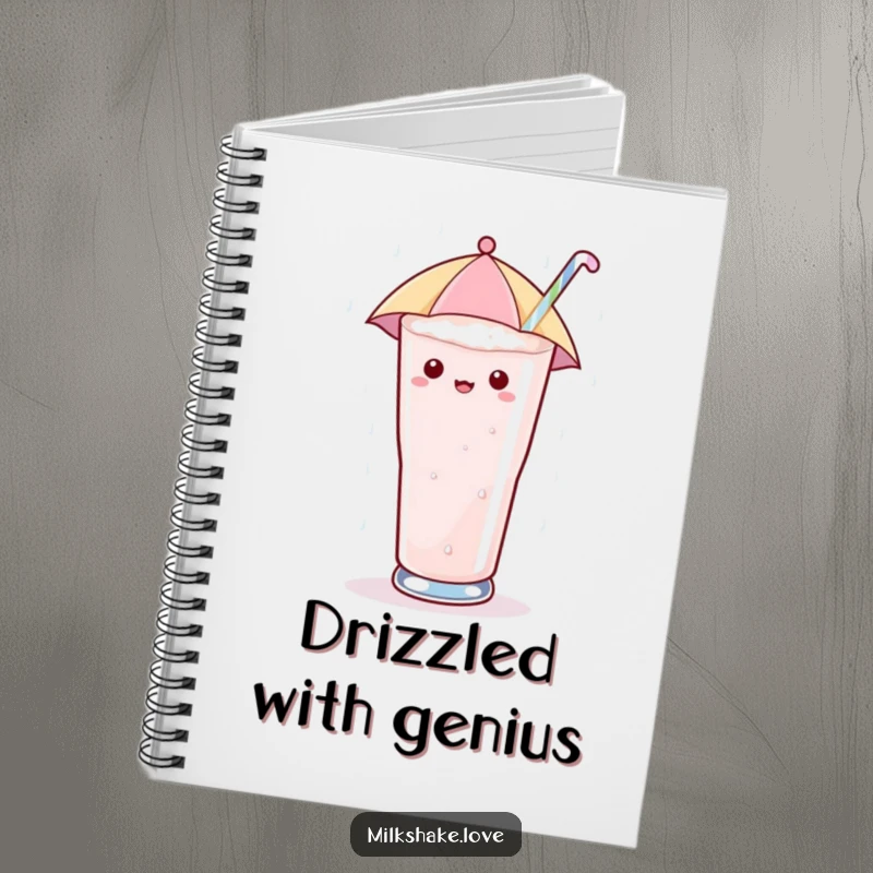 Funny Notebook with a kawaii milkshake glass holding a tiny umbrella, enjoying sugary rain, perfect for jotting down sweet ideas.