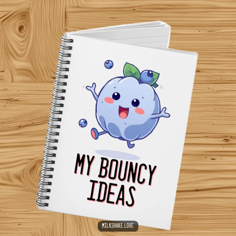 Funny Blueberry Bounce Notebook featuring a plump, happy blueberry character enthusiastically bouncing, ready to capture your notes and doodles.