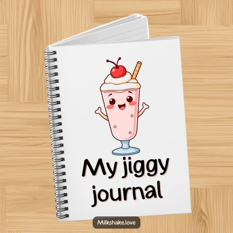 Funny notebook featuring a smiling, cherry-topped milkshake doing a happy jig, perfect for notes, dreams, and creative ideas.