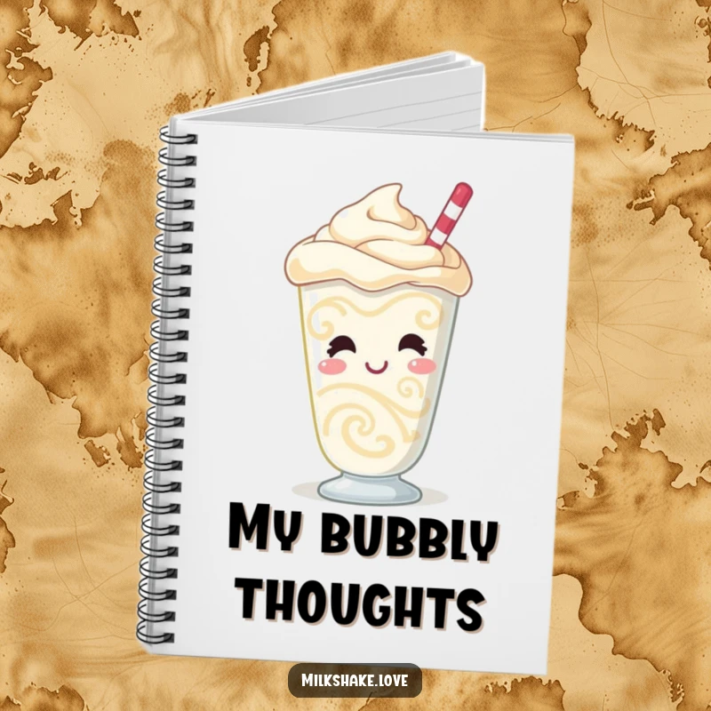 Funny Milkshake Notebook featuring a giggling character with swirling patterns and a bubbly demeanor, inspiring joyful note-taking and creative entries.
