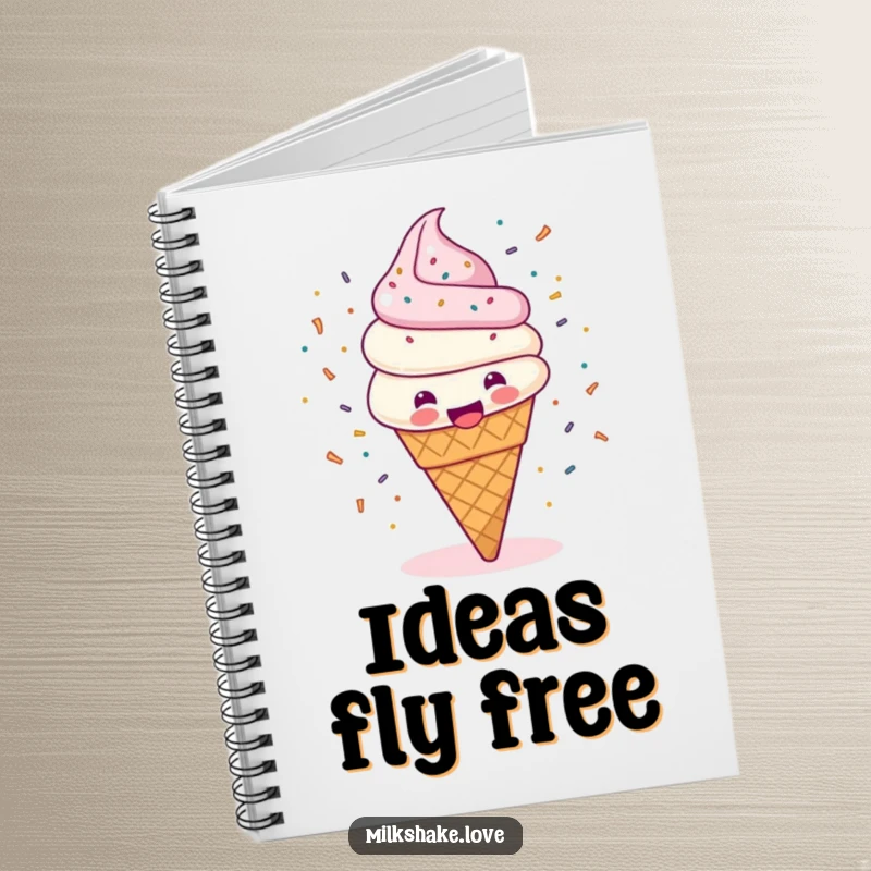 Funny notebook cover featuring a happy ice cream cone spinning with sprinkles flying everywhere, inspiring sweet and joyful writing.