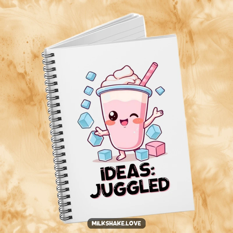Funny Kawaii Milkshake Notebook: A kawaii milkshake character juggling ice cubes, perfect for jotting notes humorously.