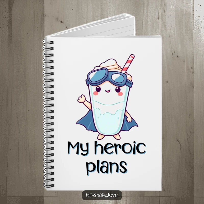Kawaii milkshake character as a superhero, featured on a notebook for jotting down plans and ideas.